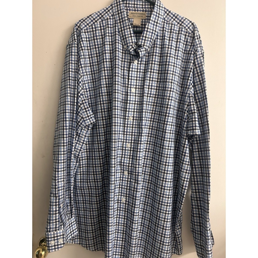 Duluth Trading Co Men's Wrinklefighter 2XL Tall Blue White Plaid Shirt